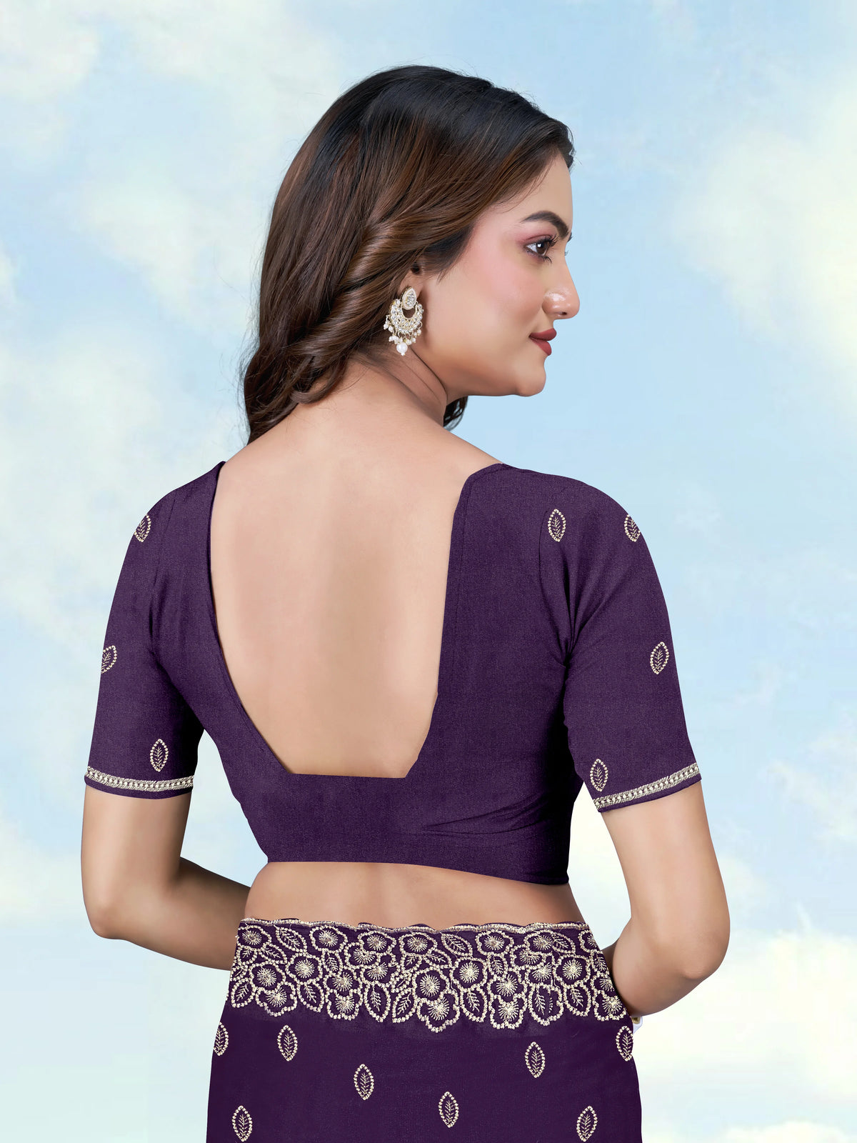 Purple Georgette Saree with Embroidered Leaf Buti, blouse back