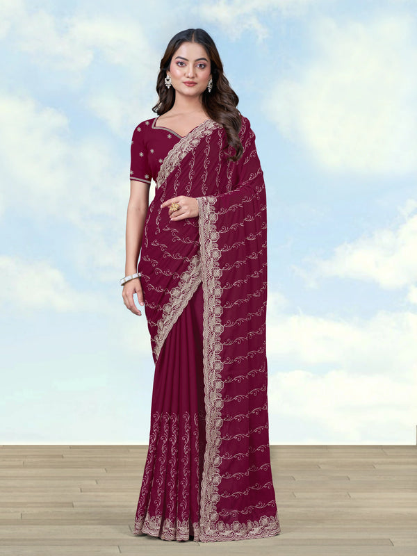 Wine Georgette Saree with Embroidered Vine Stripes, front
