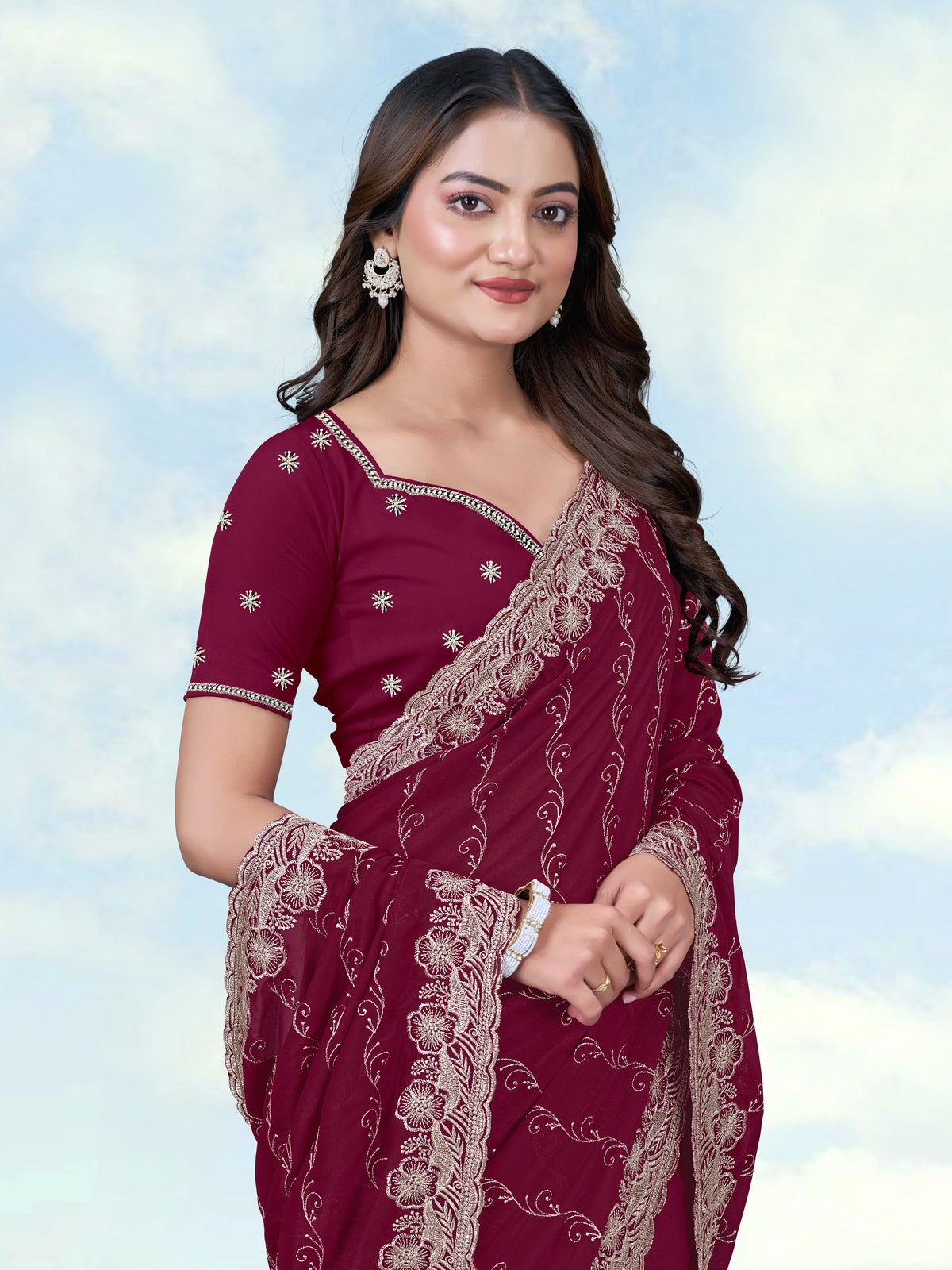 Wine Georgette Saree with Embroidered Vine Stripes, border close-up