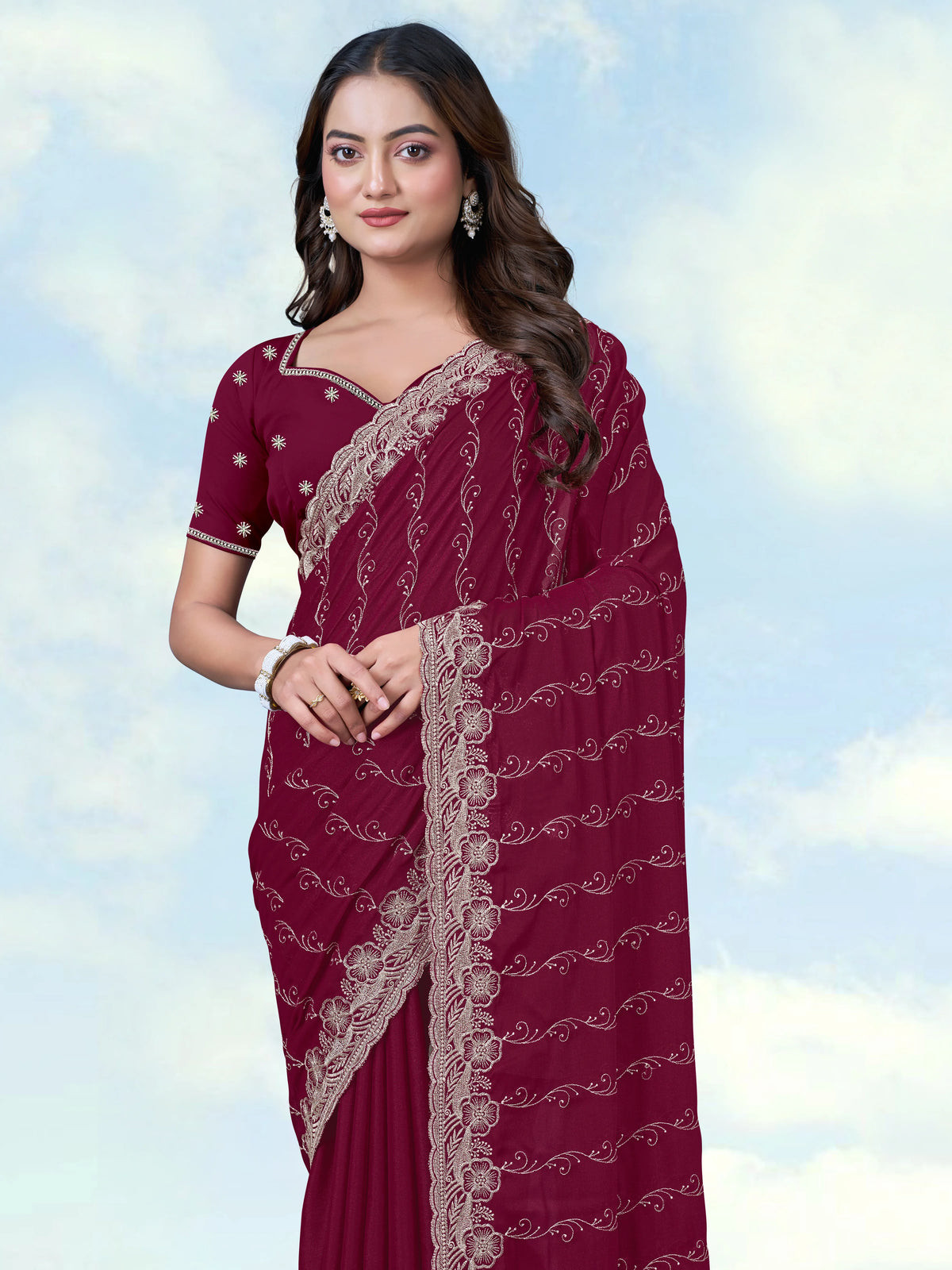 Wine Georgette Saree with Embroidered Vine Stripes, drape close-up