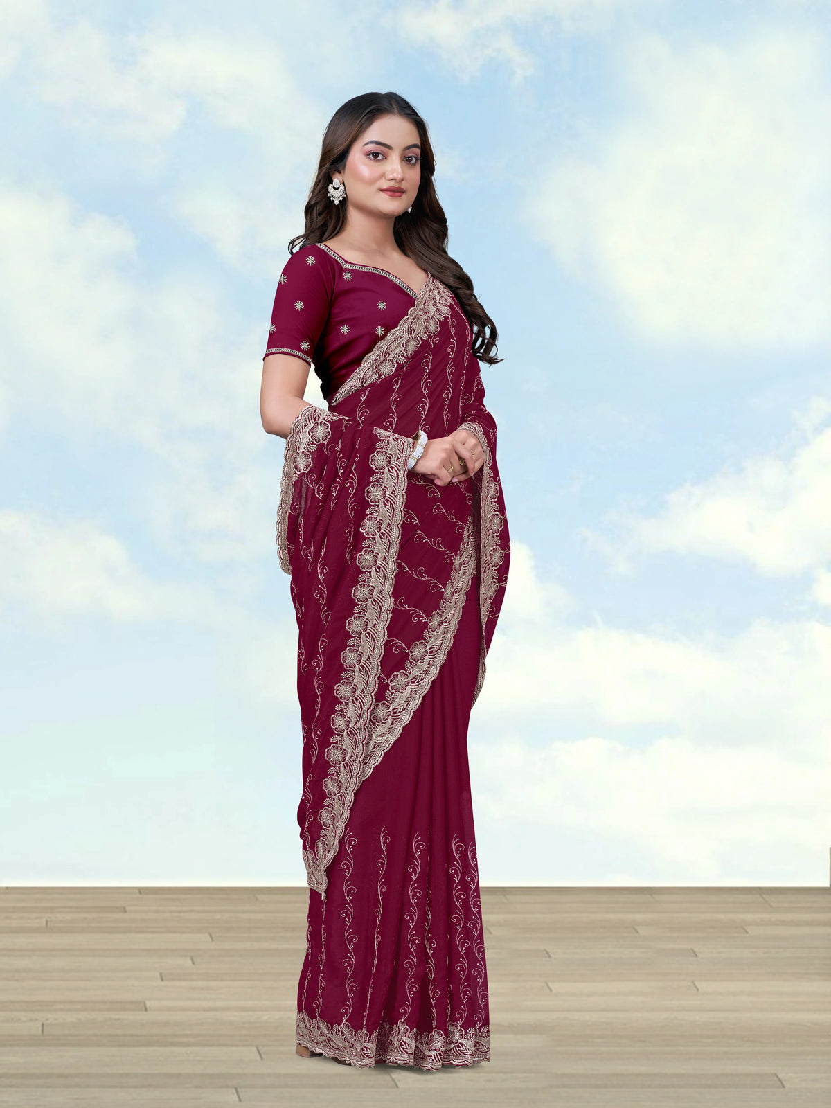 Wine Georgette Saree with Embroidered Vine Stripes, side