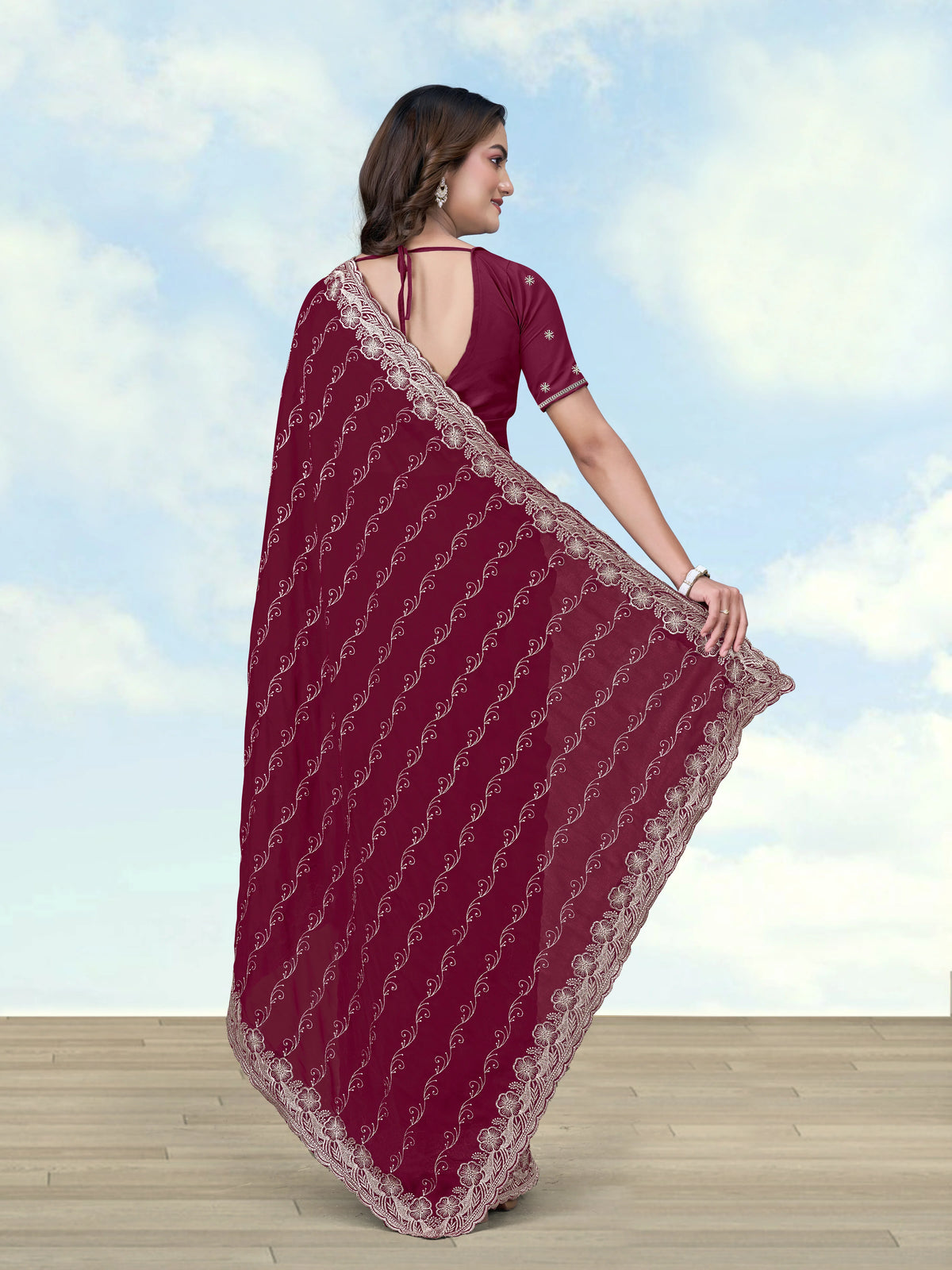 Wine Georgette Saree with Embroidered Vine Stripes, back