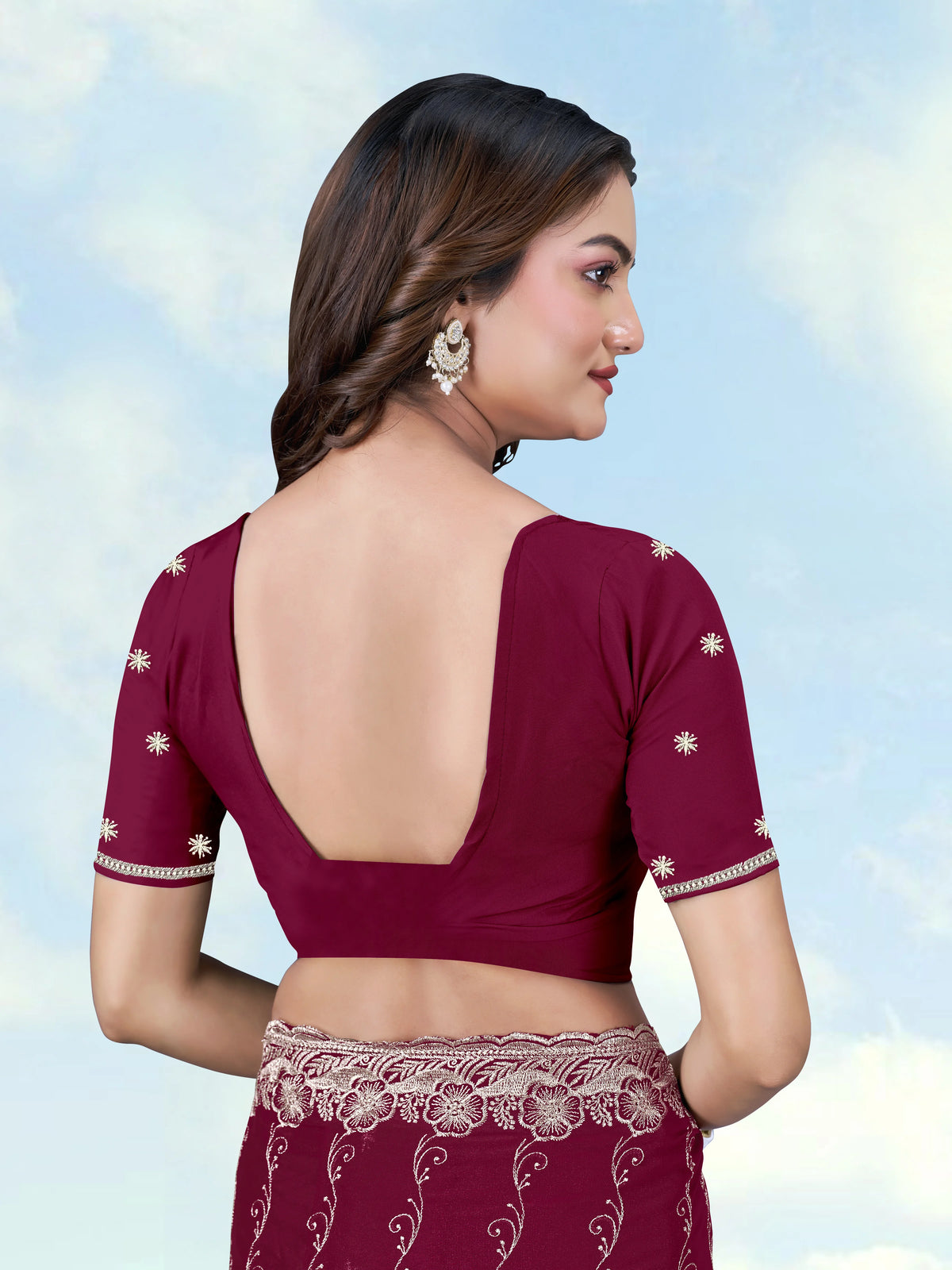 Wine Georgette Saree with Embroidered Vine Stripes, blouse back