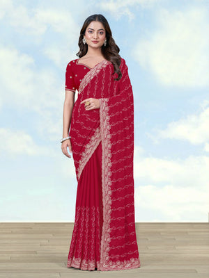 Red Georgette Saree with Embroidered Vine Stripes