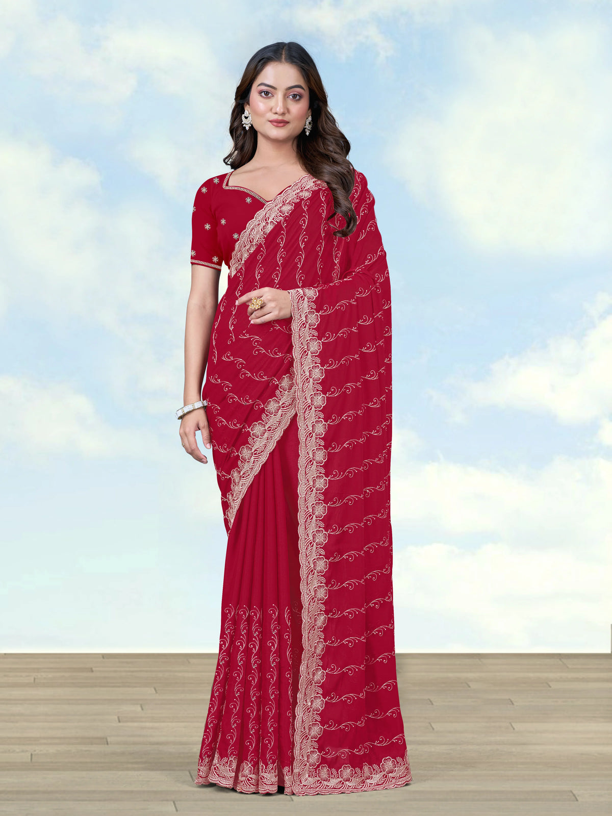 Red Georgette Saree with Embroidered Vine Stripes, front