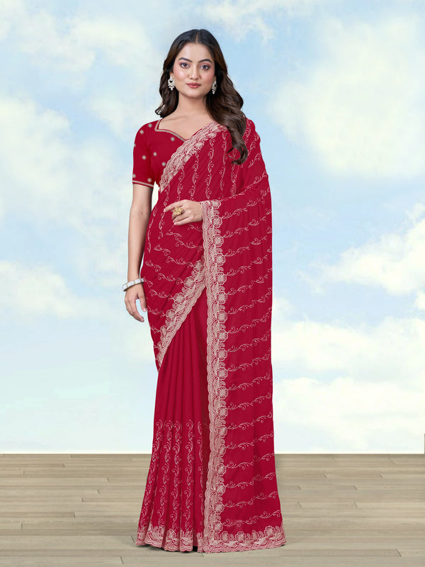 Red Georgette Saree with Embroidered Vine Stripes, front