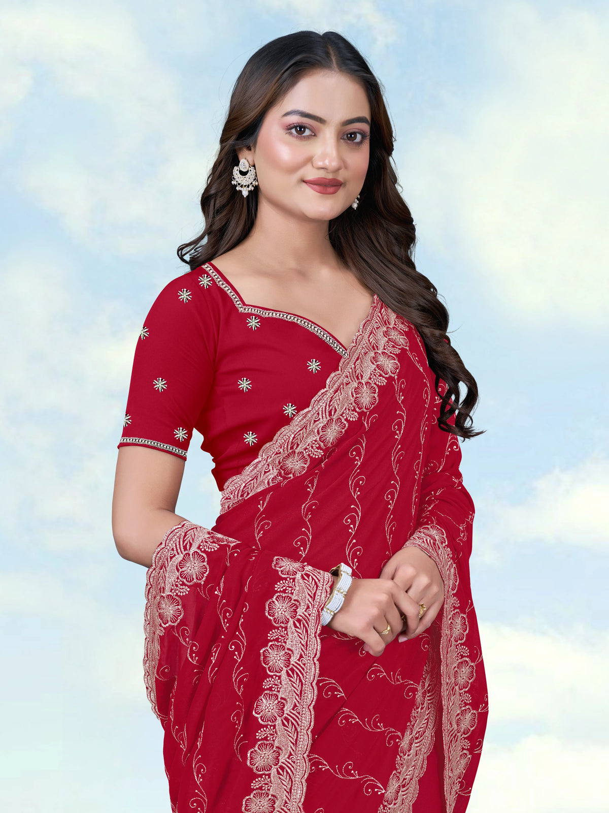 Red Georgette Saree with Embroidered Vine Stripes, border close-up