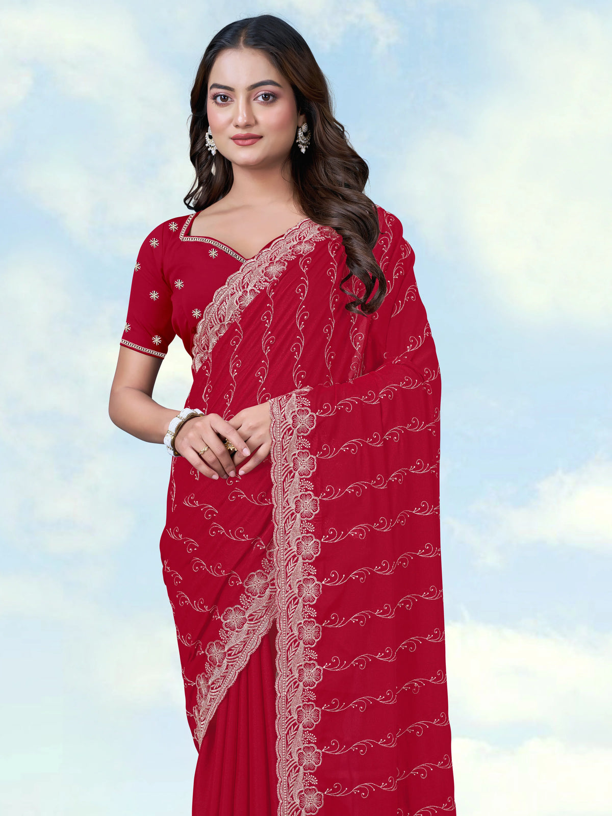 Red Georgette Saree with Embroidered Vine Stripes, drape close-up