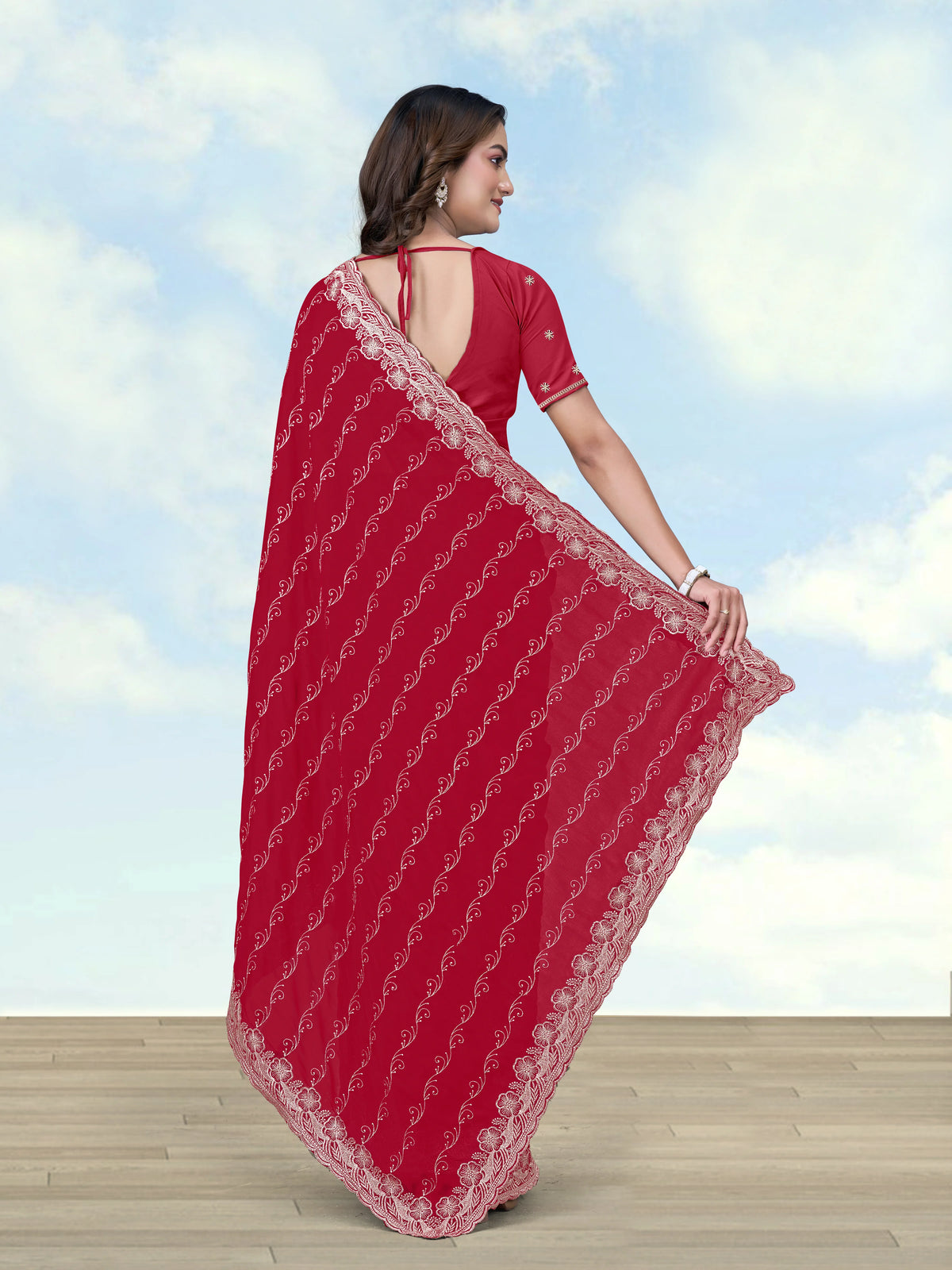 Red Georgette Saree with Embroidered Vine Stripes, back