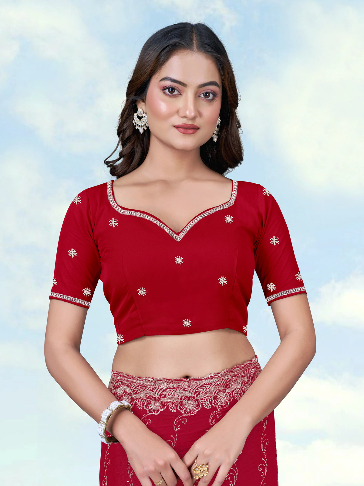 Red Georgette Saree with Embroidered Vine Stripes, blouse front