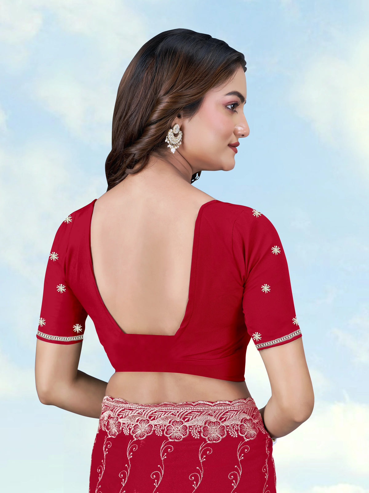 Red Georgette Saree with Embroidered Vine Stripes, blouse back
