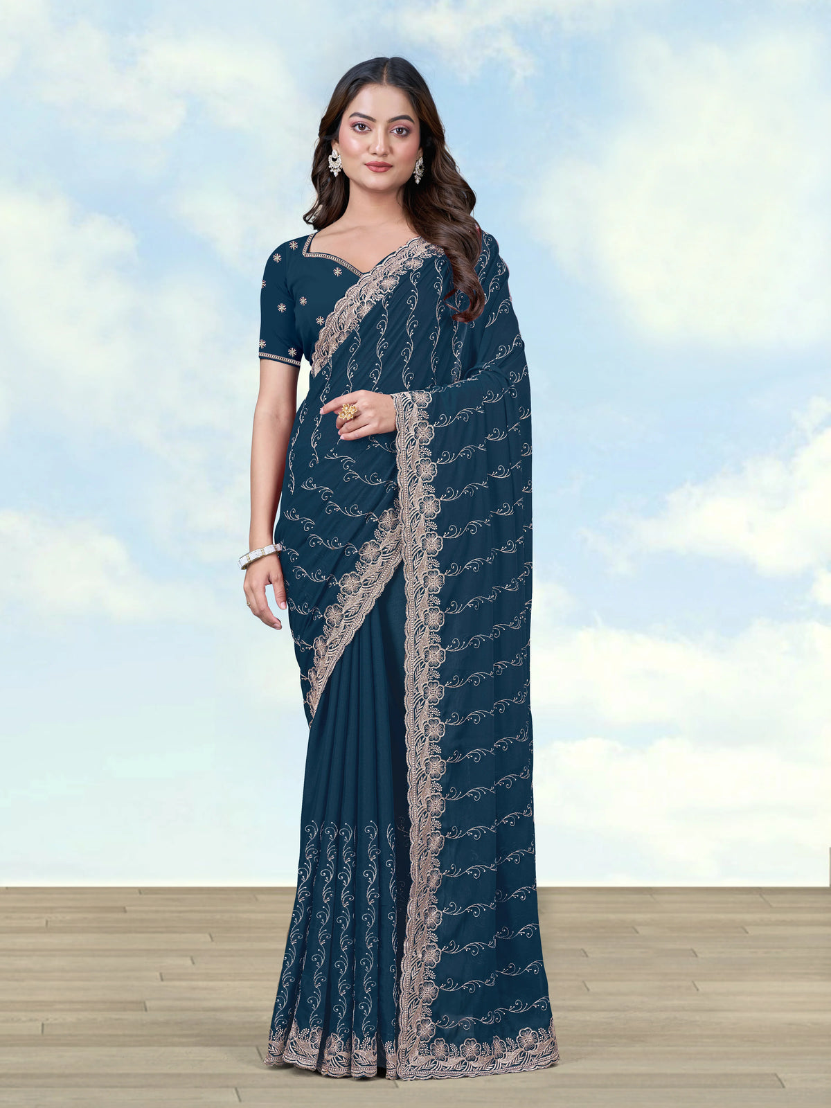 Teal Blue Georgette Saree with Embroidered Vine Stripes, front