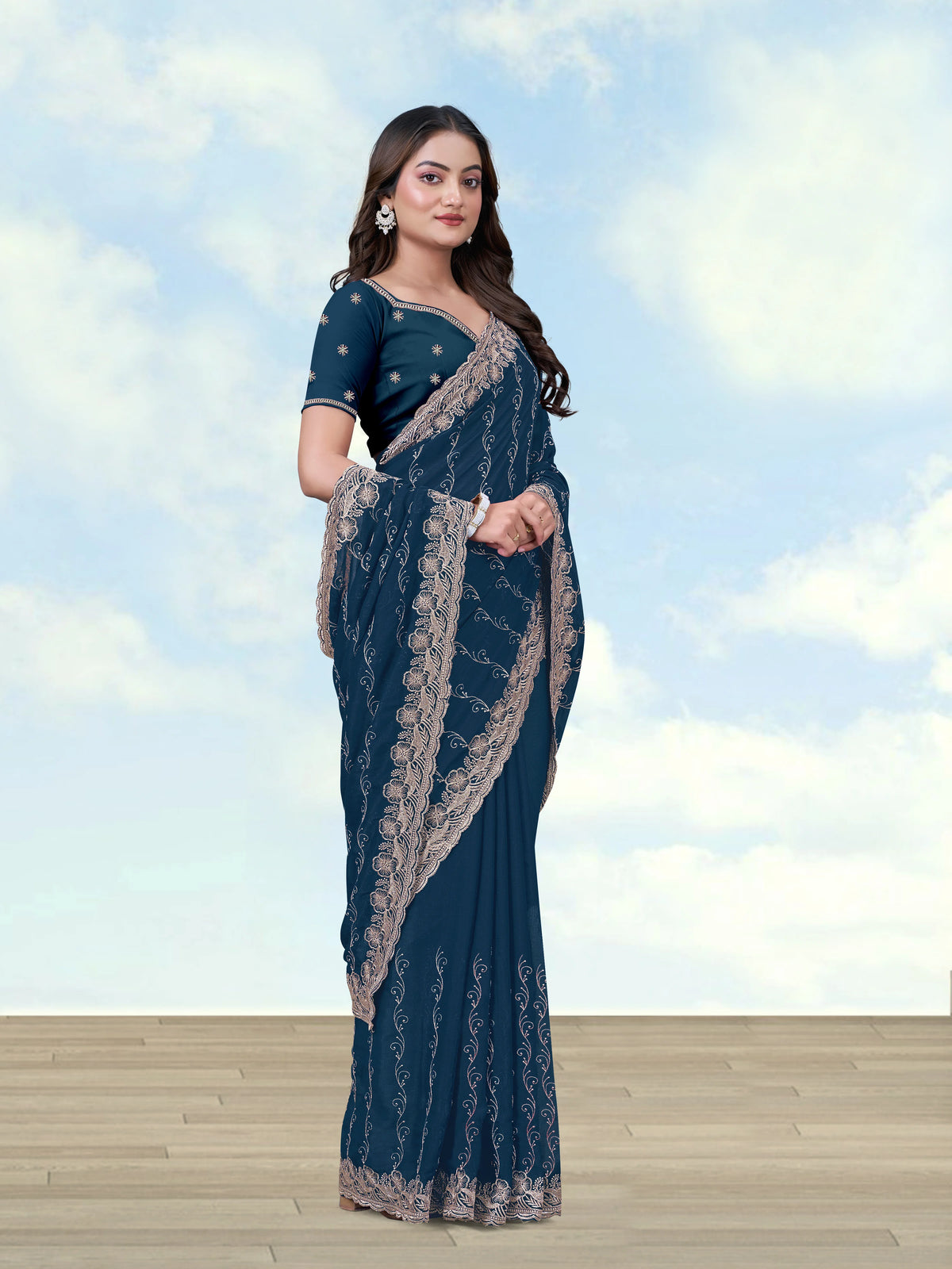 Teal Blue Georgette Saree with Embroidered Vine Stripes, side