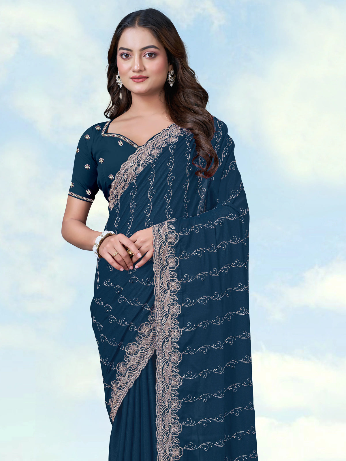 Teal Blue Georgette Saree with Embroidered Vine Stripes, drape close-up