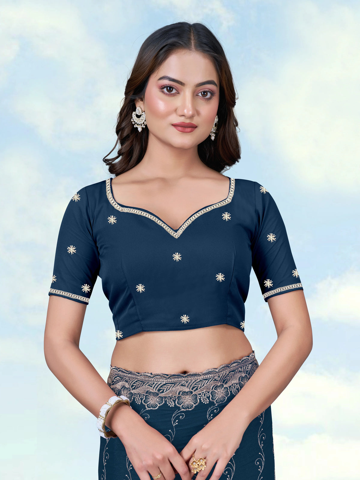 Teal Blue Georgette Saree with Embroidered Vine Stripes, blouse front