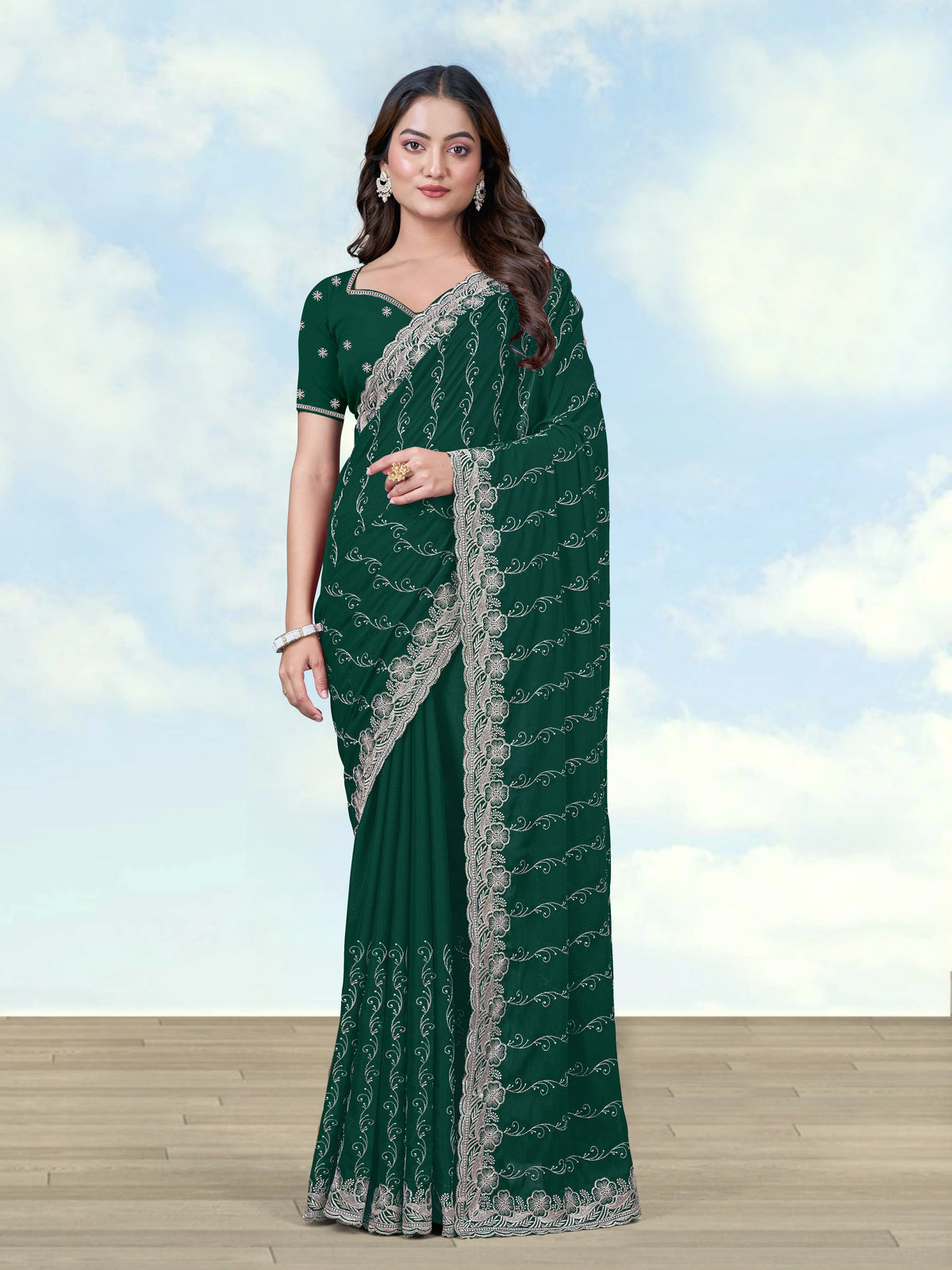 Dark Green Georgette Saree with Embroidered Vine Stripes, front
