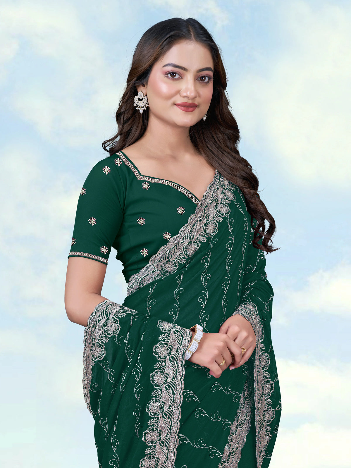 Dark Green Georgette Saree with Embroidered Vine Stripes, border close-up