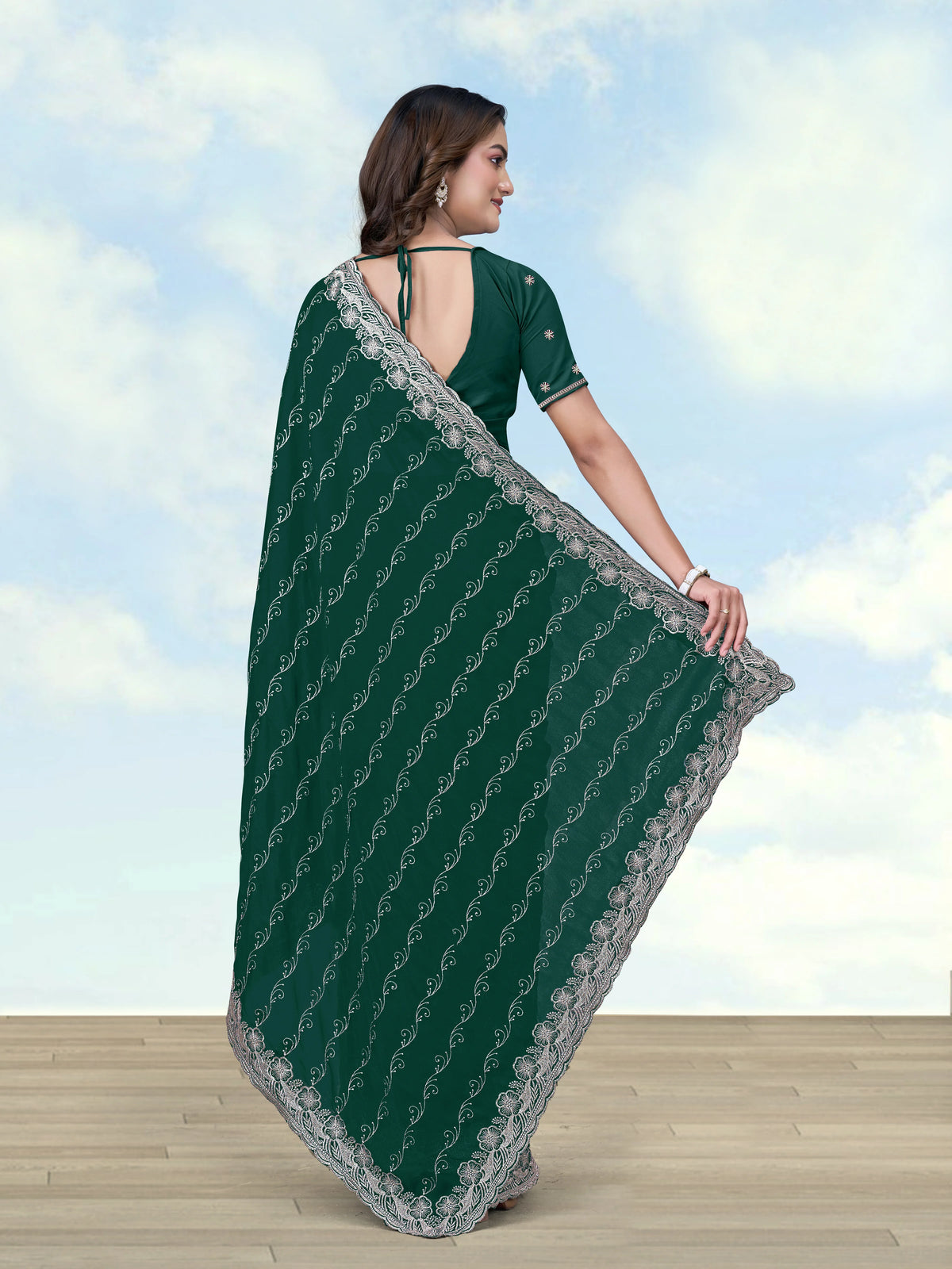 Dark Green Georgette Saree with Embroidered Vine Stripes, back