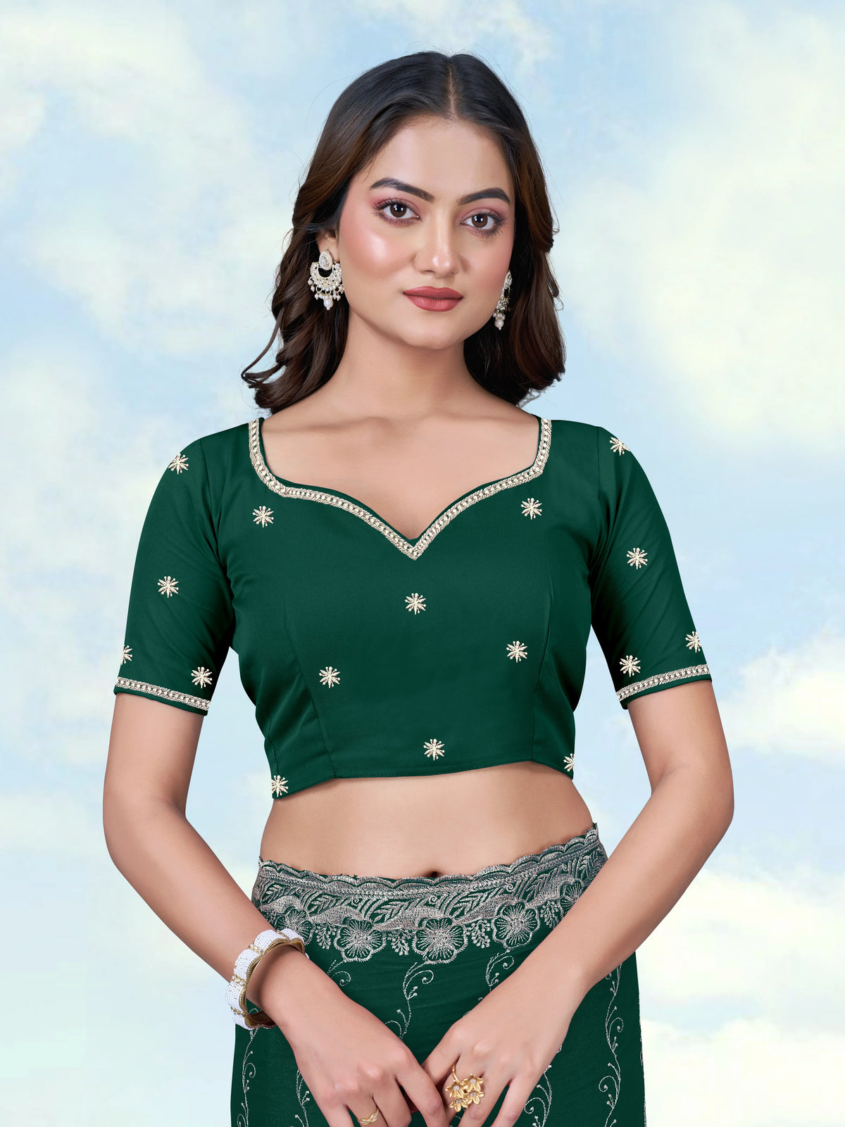 Dark Green Georgette Saree with Embroidered Vine Stripes, blouse front