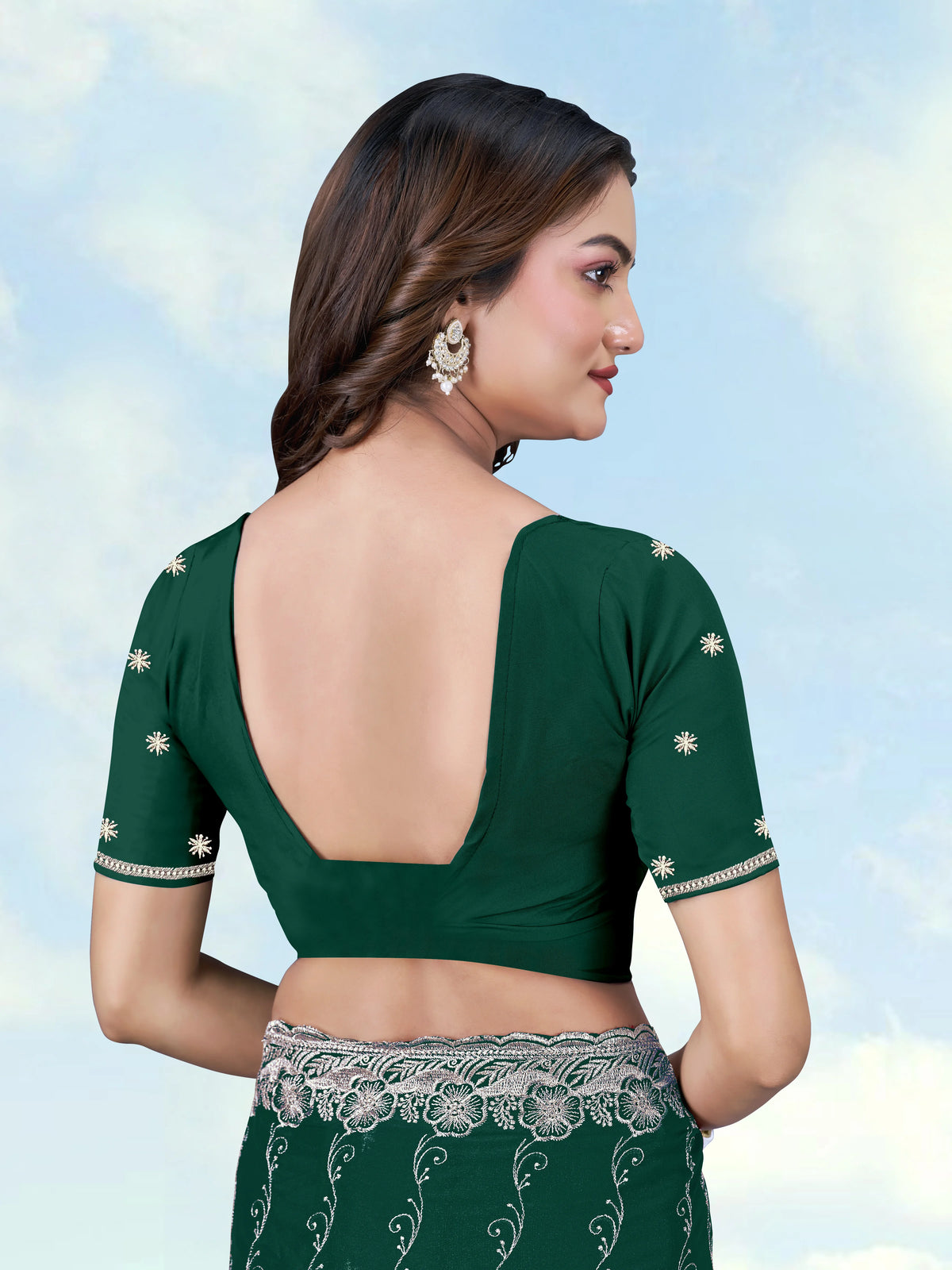 Dark Green Georgette Saree with Embroidered Vine Stripes, blouse back