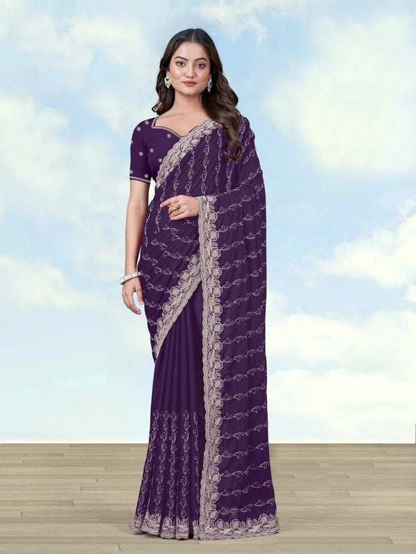 Purple Georgette Saree with Embroidered Vine Stripes, front