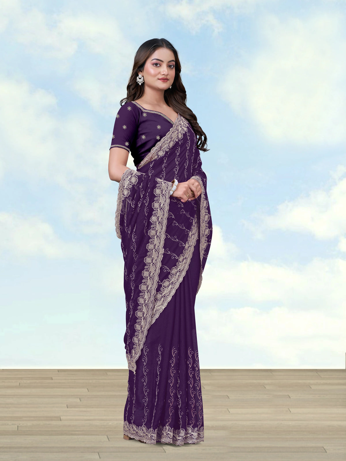 Purple Georgette Saree with Embroidered Vine Stripes, side