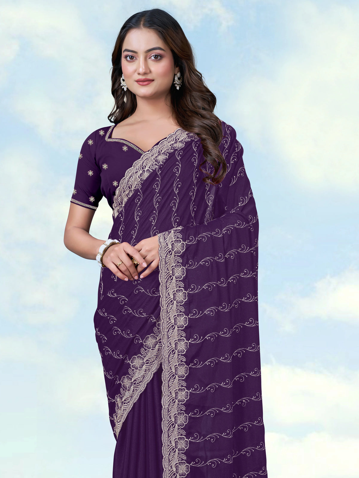 Purple Georgette Saree with Embroidered Vine Stripes, drape close-up