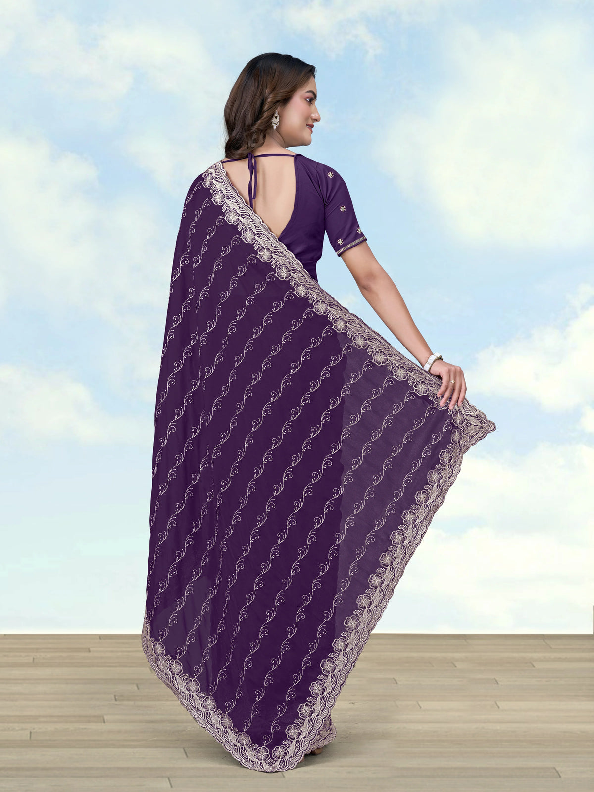 Purple Georgette Saree with Embroidered Vine Stripes, back