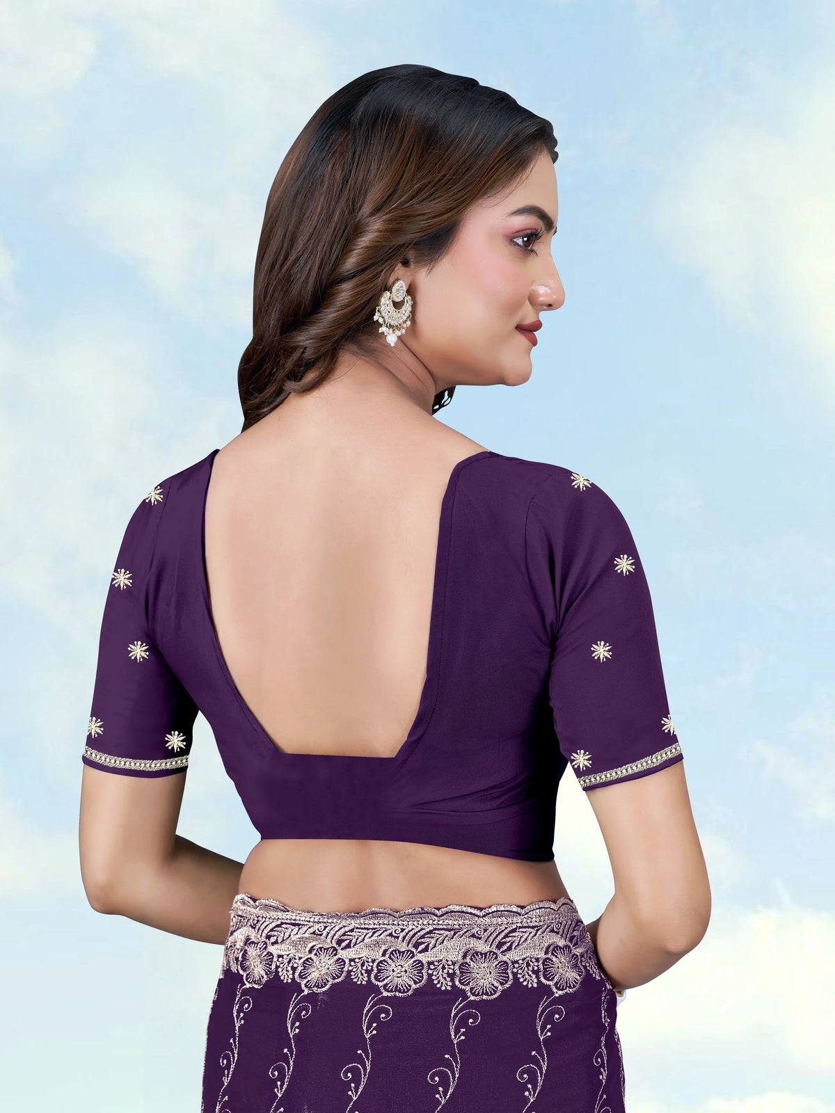 Purple Georgette Saree with Embroidered Vine Stripes, blouse back