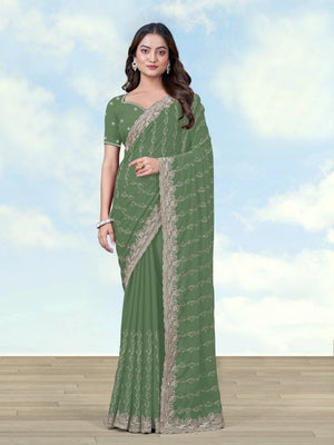 Pista Georgette Saree with Embroidered Vine Stripes