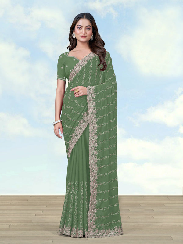 Pista Georgette Saree with Embroidered Vine Stripes, front