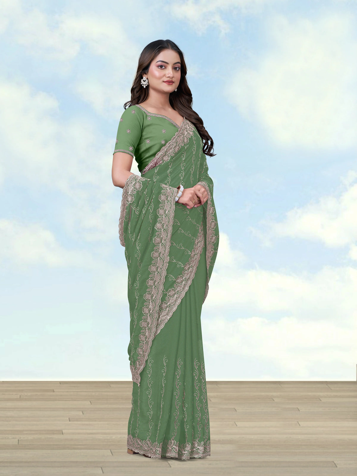 Pista Georgette Saree with Embroidered Vine Stripes, side