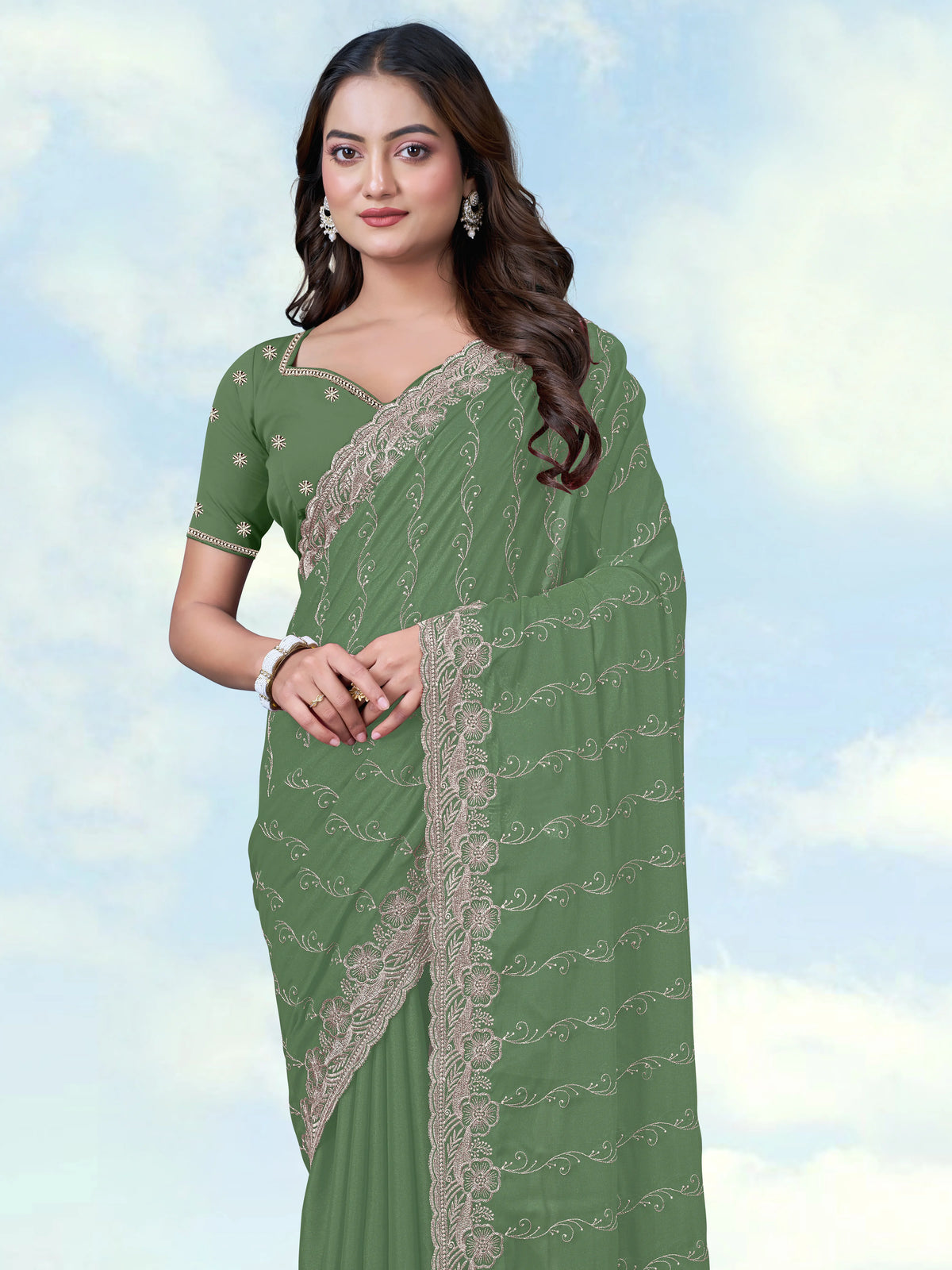 Pista Georgette Saree with Embroidered Vine Stripes, drape close-up