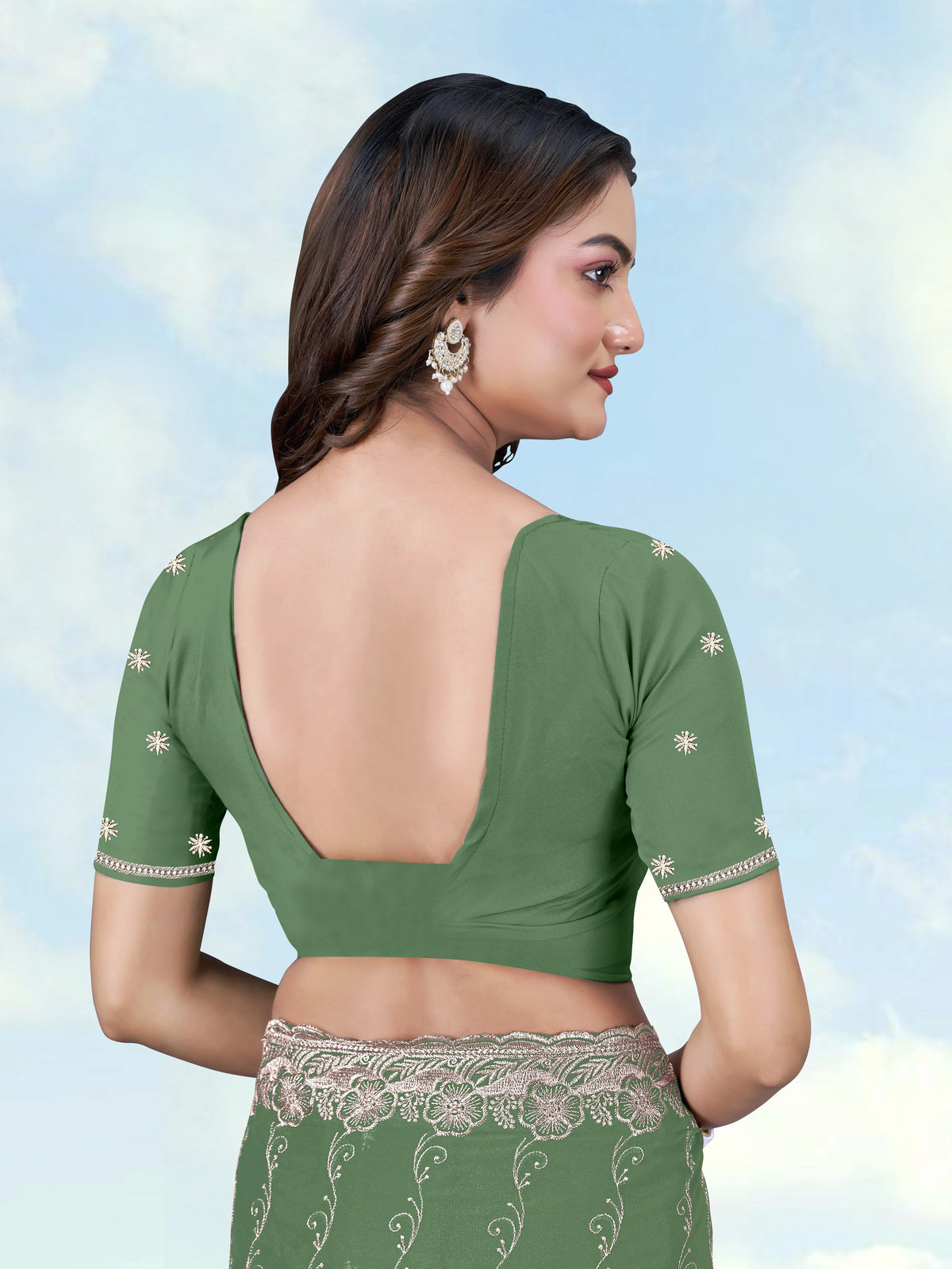 Pista Georgette Saree with Embroidered Vine Stripes, blouse back