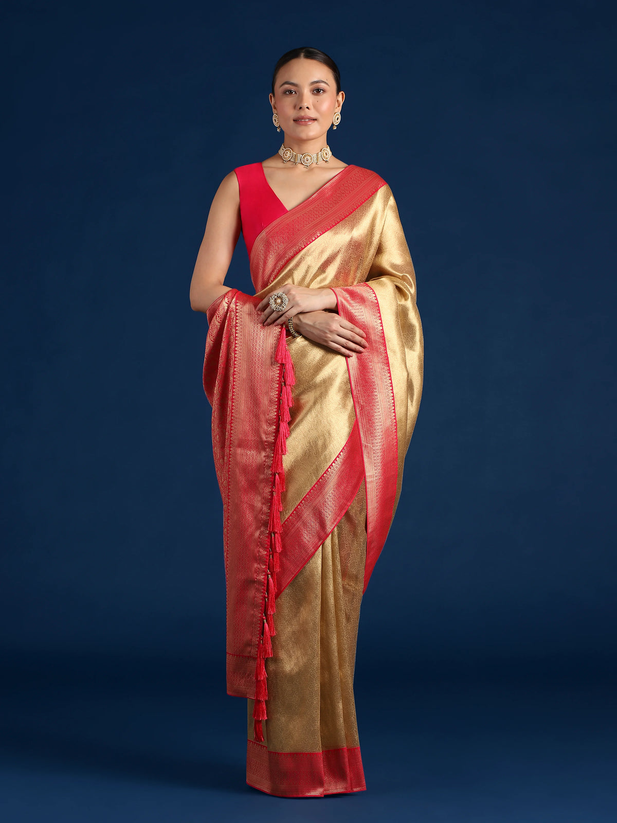 Rani Pink Silk Blend Saree with Wide Zari Border, styled on model