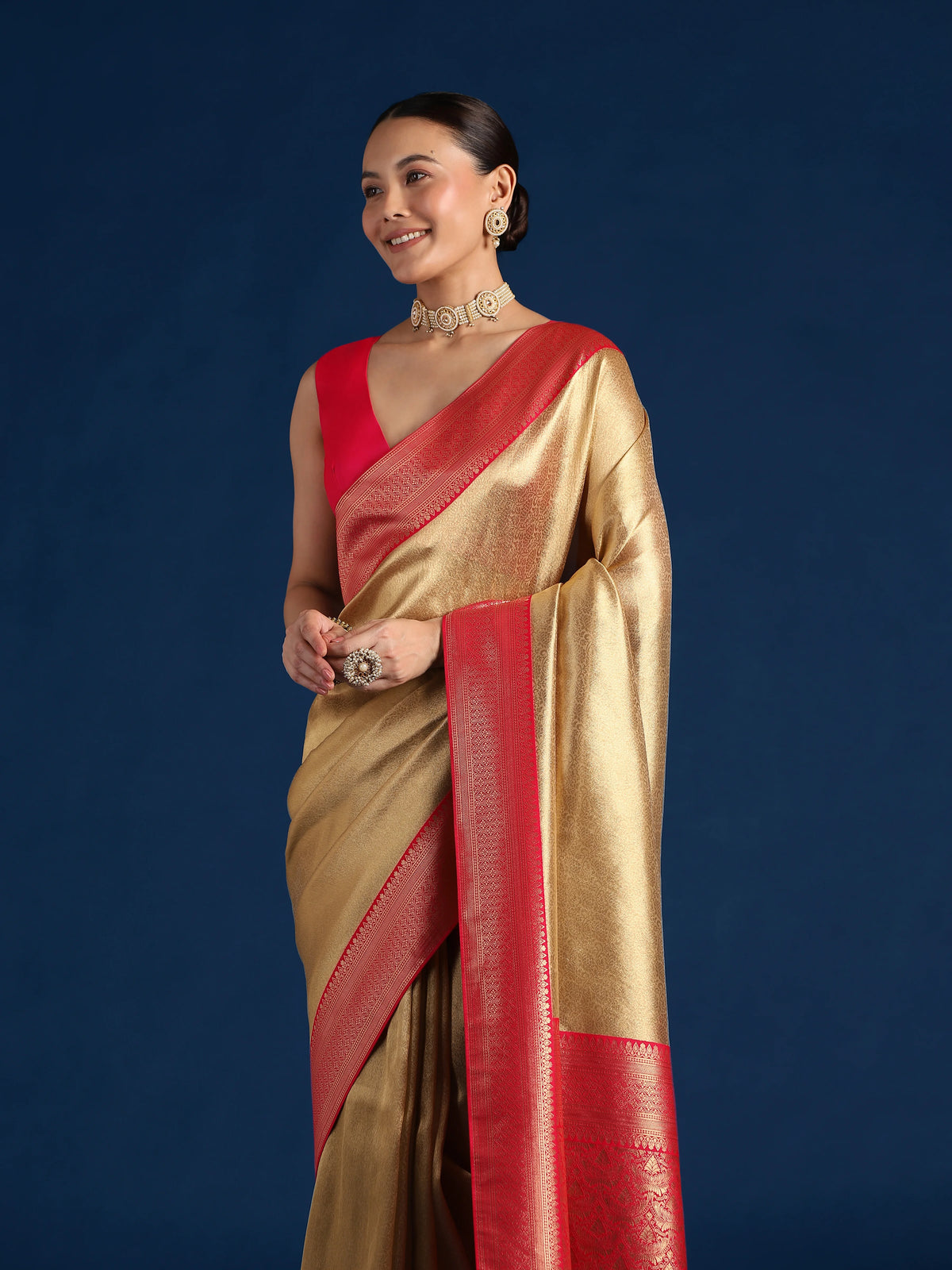 Rani Pink Silk Blend Saree with Wide Zari Border, drape detail