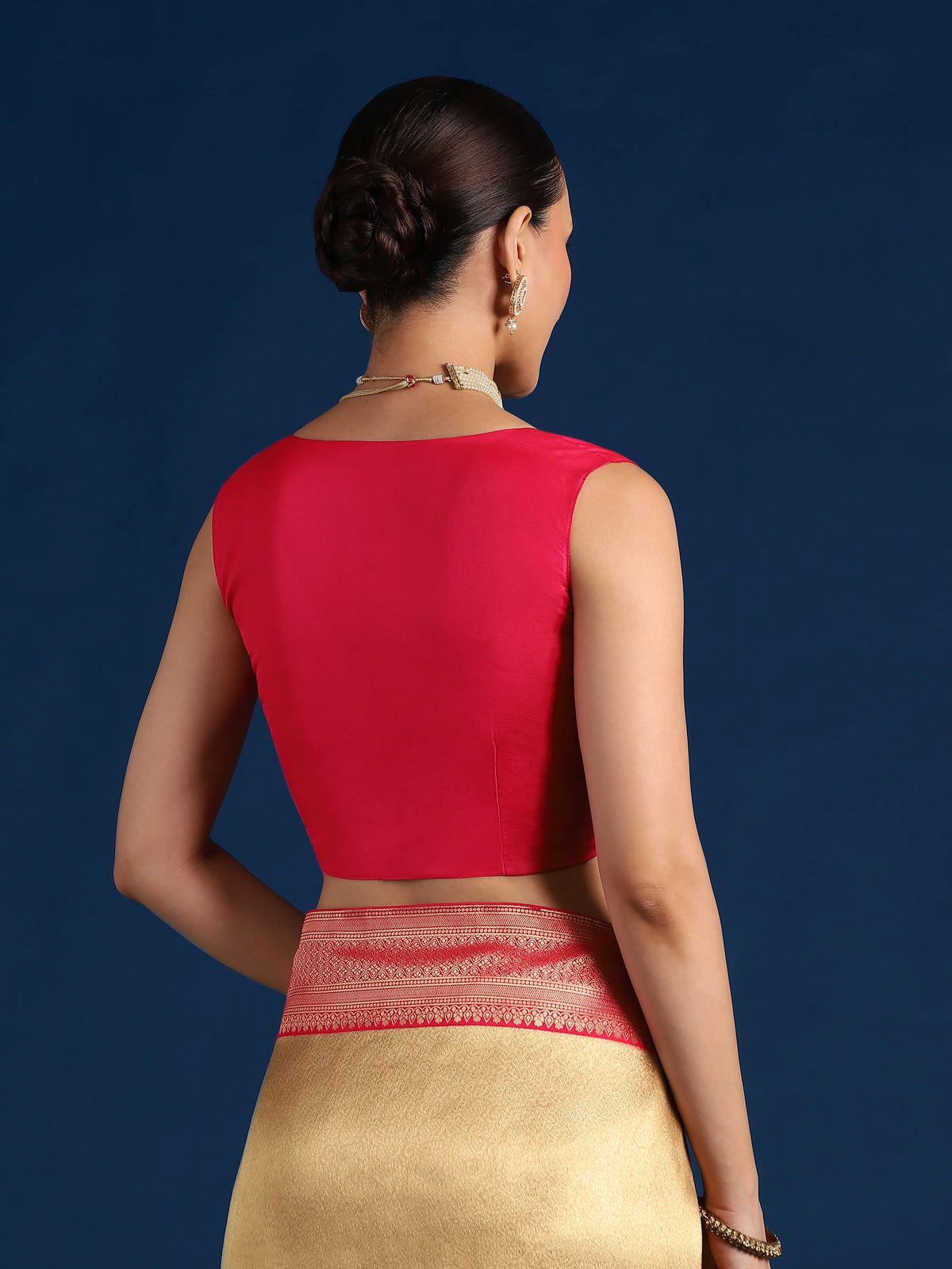Rani Pink Silk Blend Saree with Wide Zari Border, blouse back