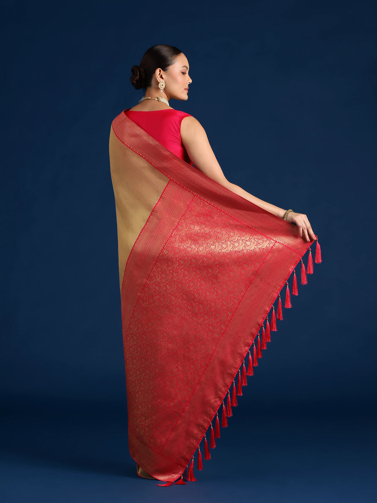 Rani Pink Silk Blend Saree with Wide Zari Border, back with pallu