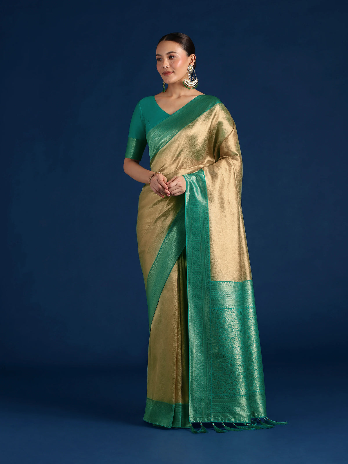 Turquoise Silk Blend Saree with Wide Zari Border, front
