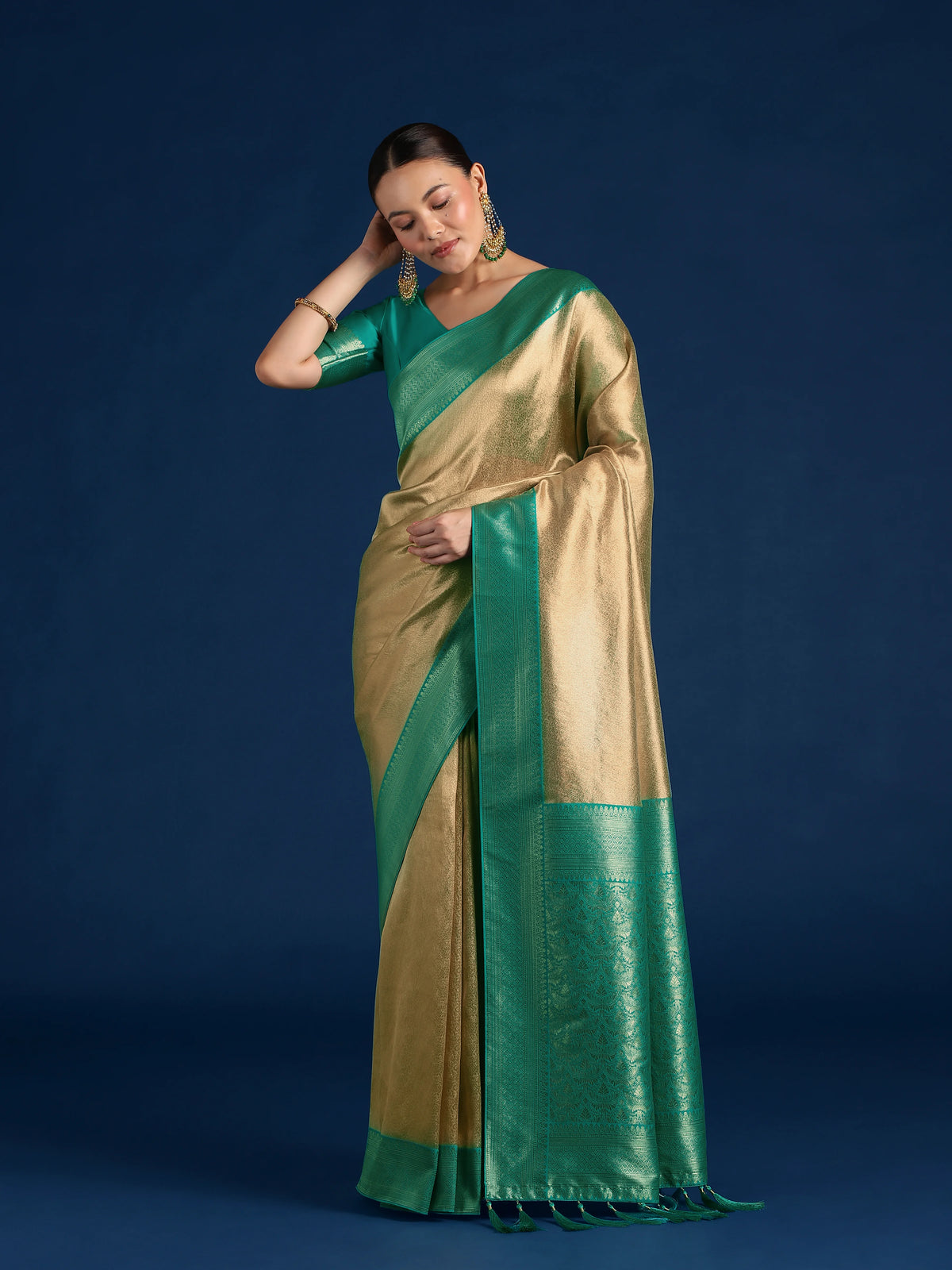 Turquoise Silk Blend Saree with Wide Zari Border, styled on model