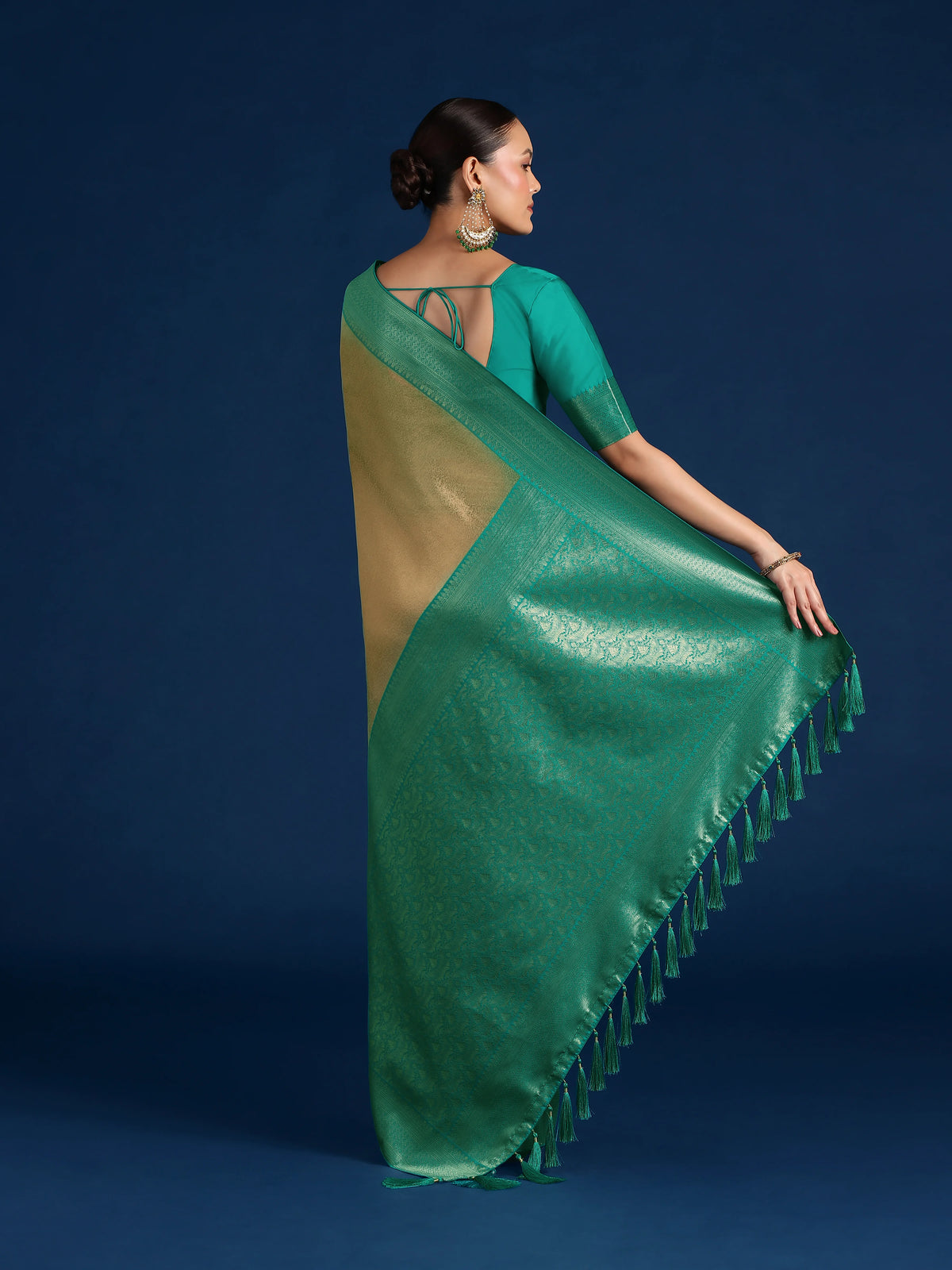 Turquoise Silk Blend Saree with Wide Zari Border, back with pallu