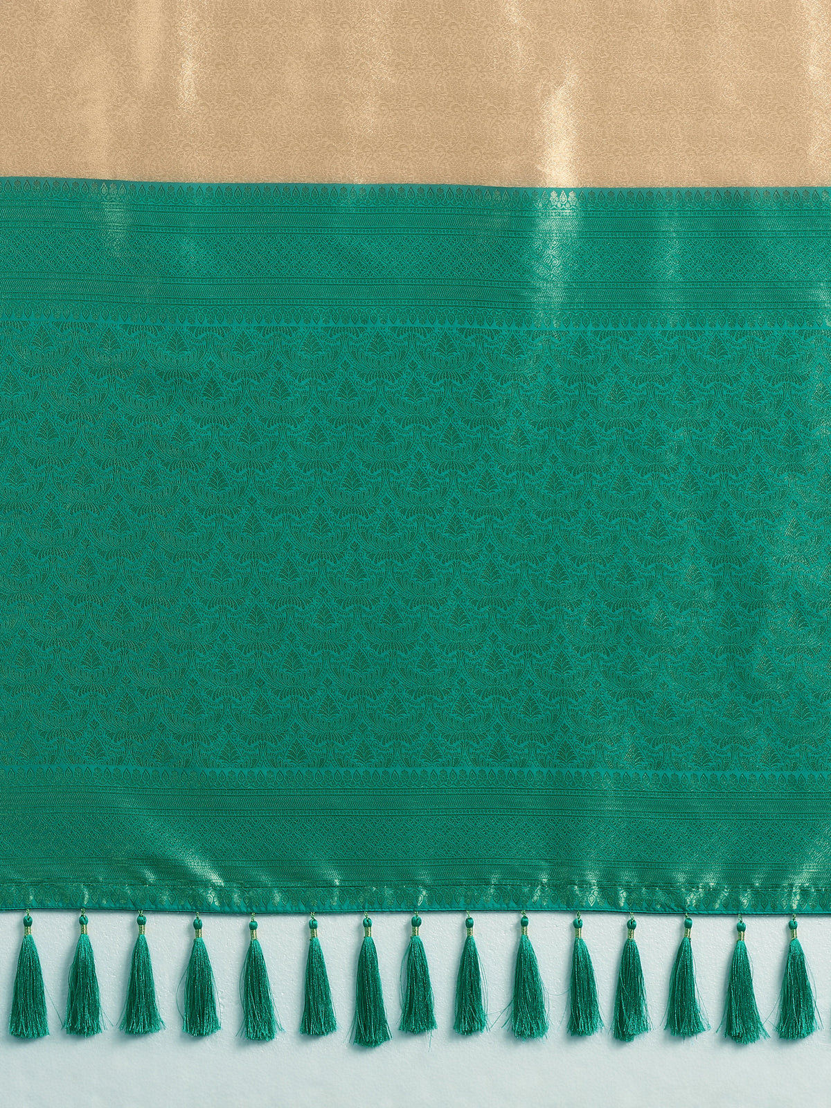 Turquoise Silk Blend Saree with Wide Zari Border, pallu close-up