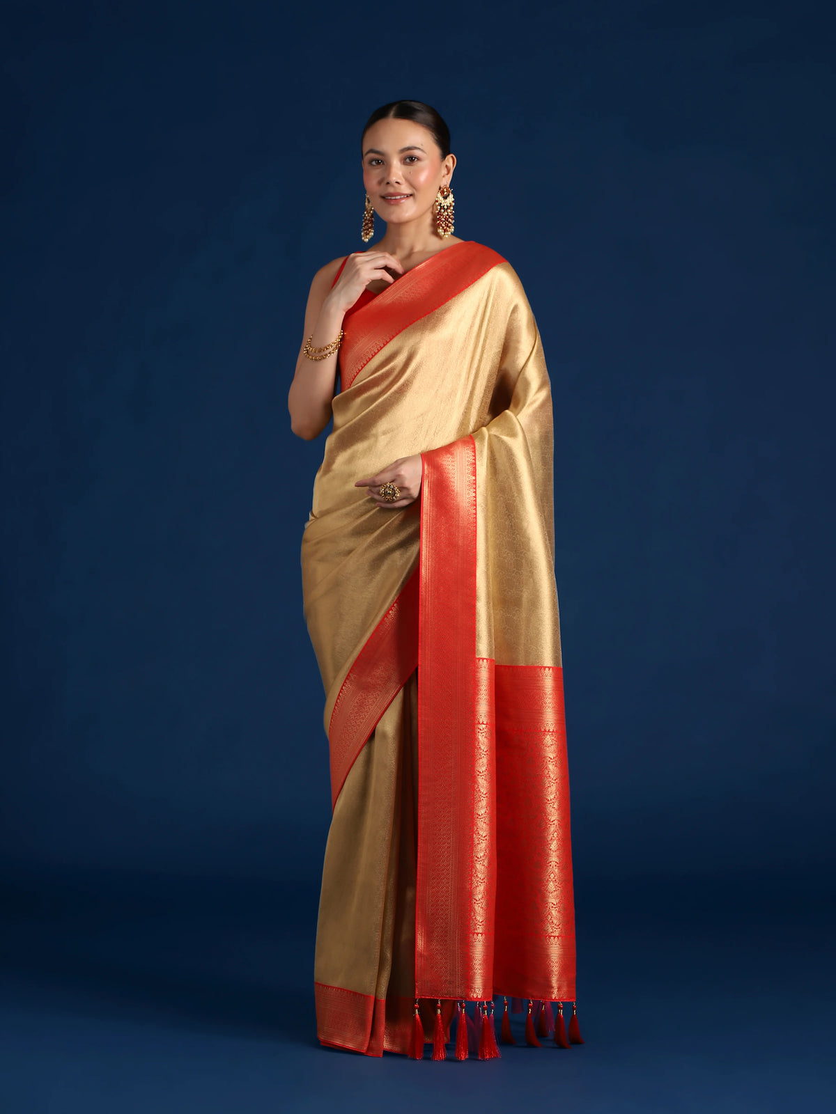 Red Silk Blend Saree with Wide Zari Border, front