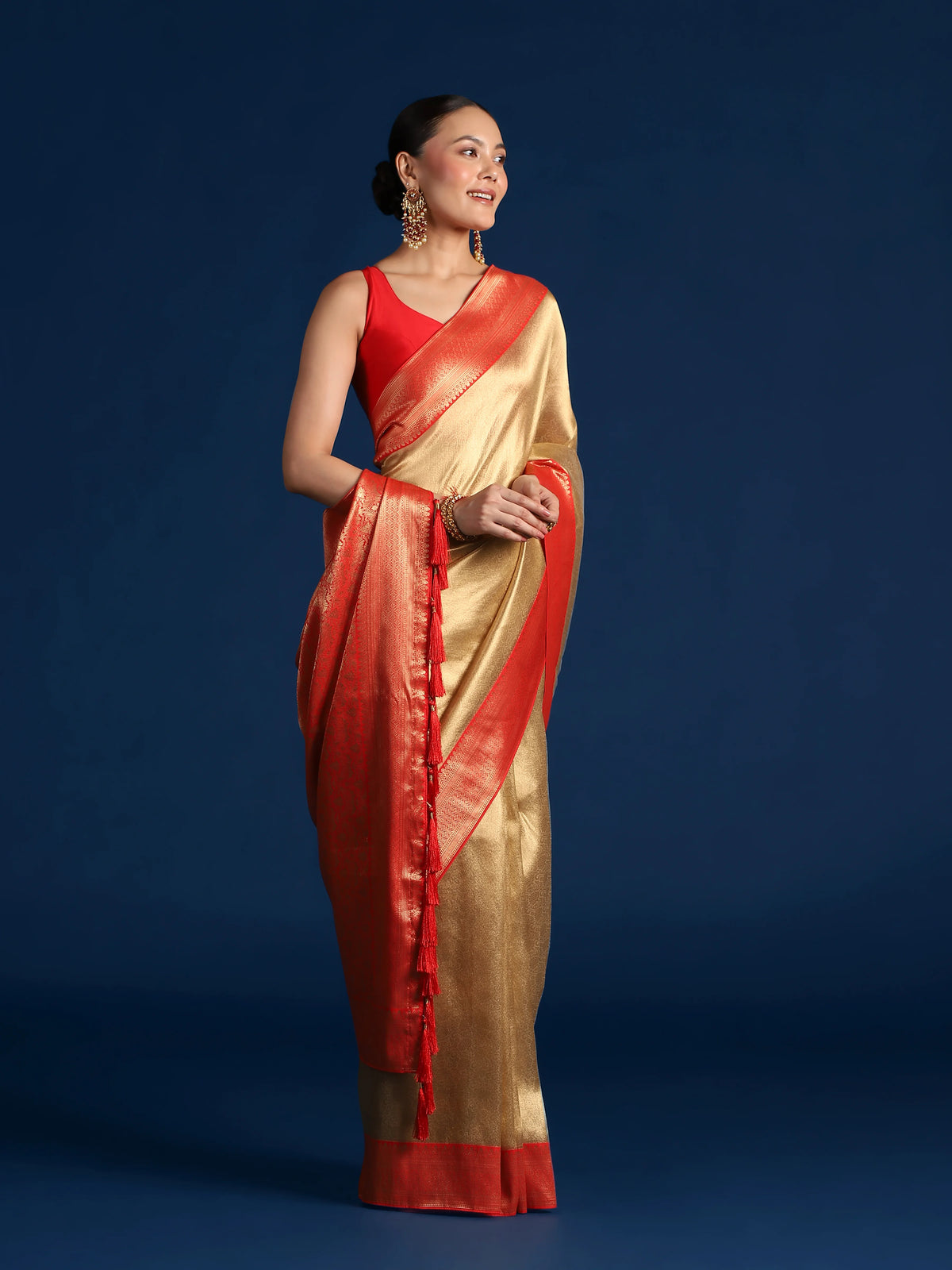 Red Silk Blend Saree with Wide Zari Border, styled on model