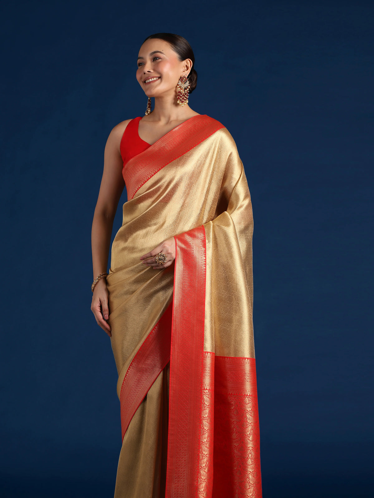 Red Silk Blend Saree with Wide Zari Border, drape detail