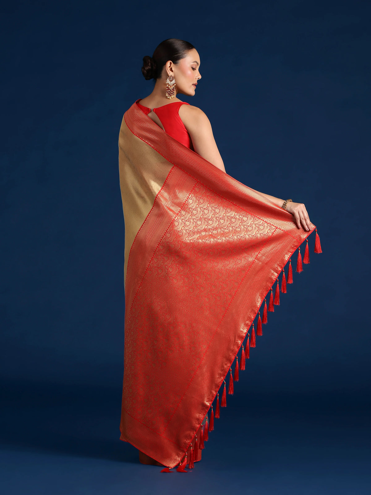 Red Silk Blend Saree with Wide Zari Border, back with pallu