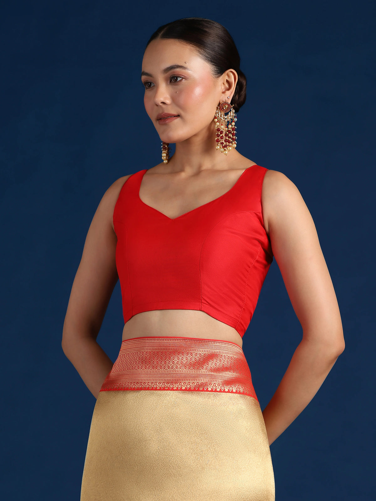 Red Silk Blend Saree with Wide Zari Border, blouse detail