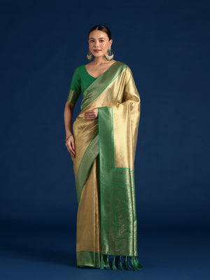 Dark Green Silk Blend Saree with Wide Zari Border