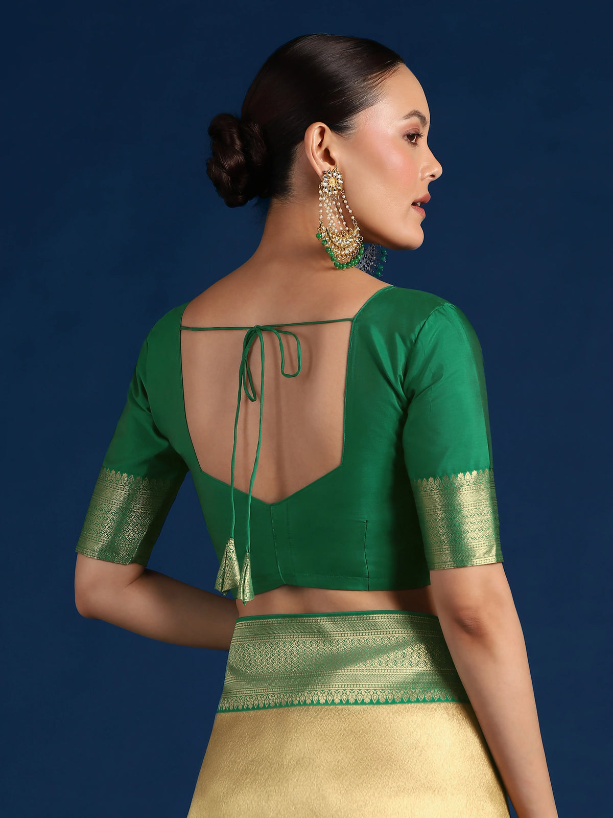 Dark Green Silk Blend Saree with Wide Zari Border, blouse back