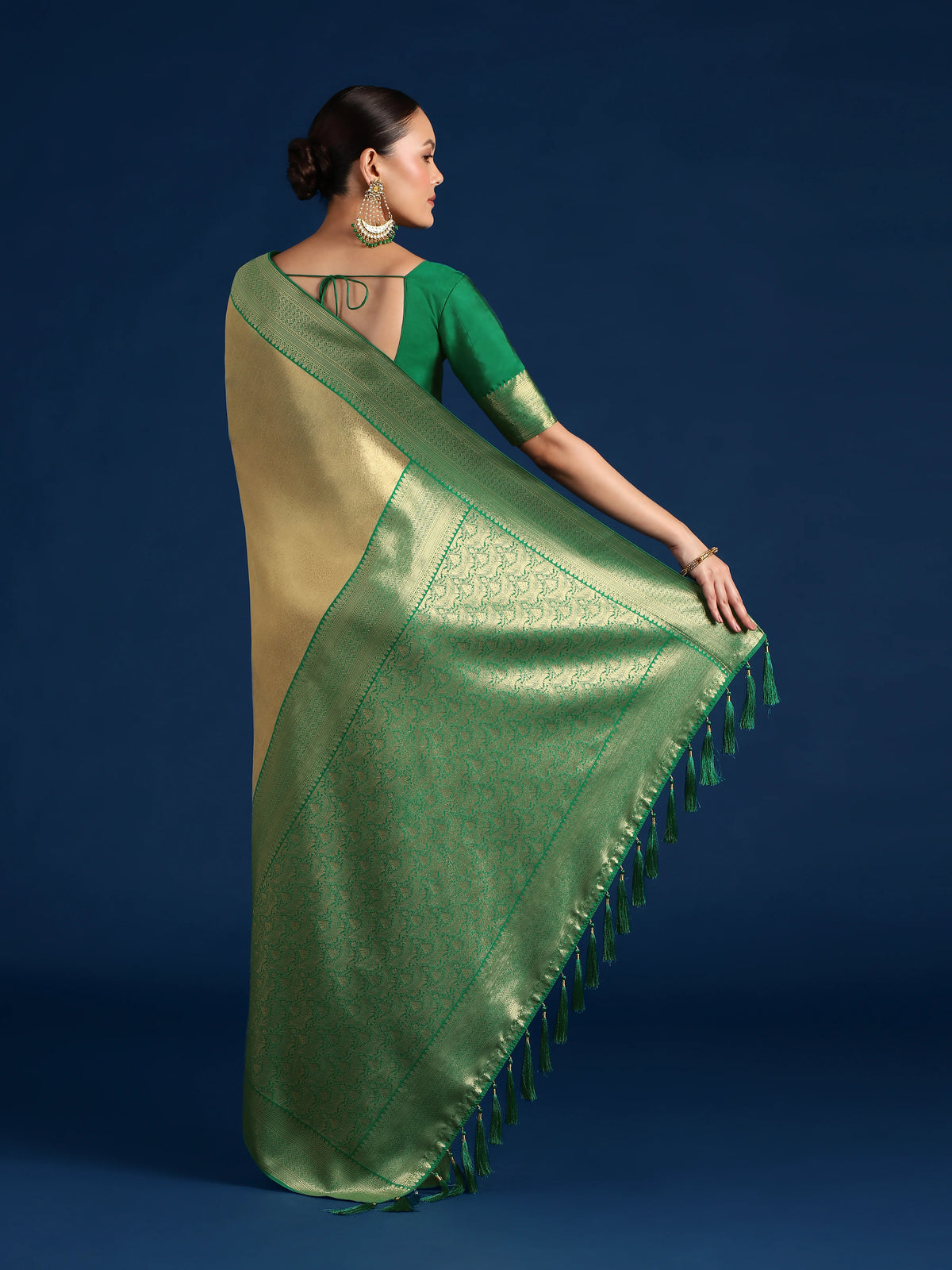 Dark Green Silk Blend Saree with Wide Zari Border, back with pallu